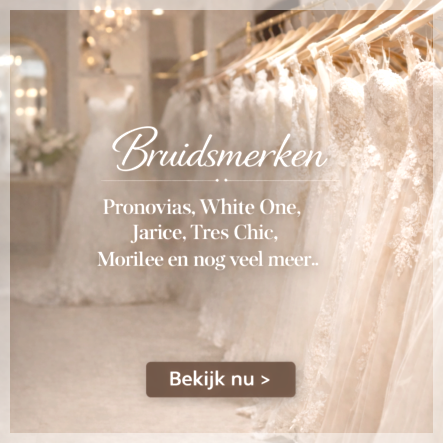 Bruidsmerken. Pronovias, White One, Jarice, Tres Chic, Morilee en nog veel meer.